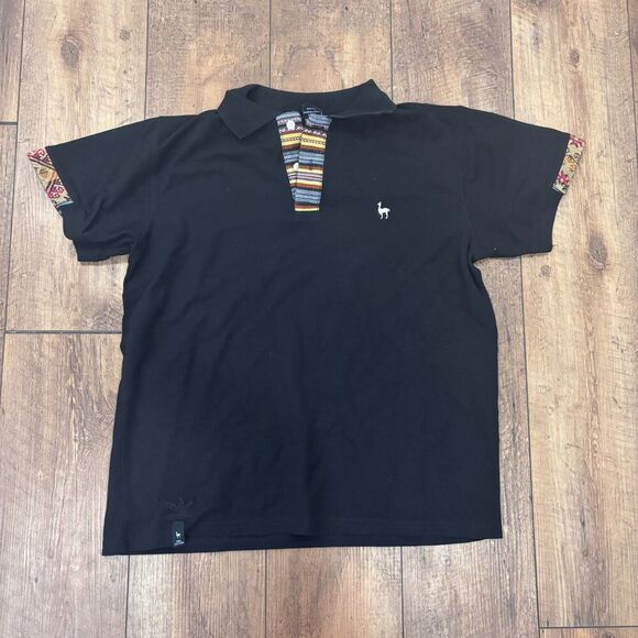 Illari Other - Illari Souvenirs Large Black Peruvian Woven Trim Short Sleeve Polo 100% Cotton